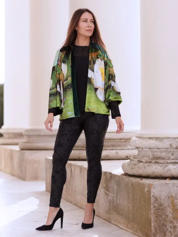 From My Mother's Garden Reversible Velvet Kimono in the Waterlily print can be worn inside out, upside down and belted for lots of different looks