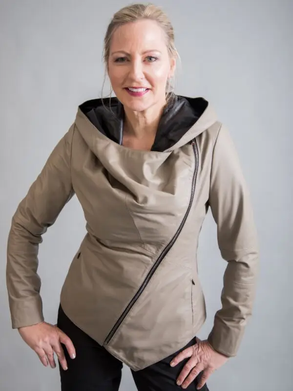 Hooded Leather Jacket Mushroom