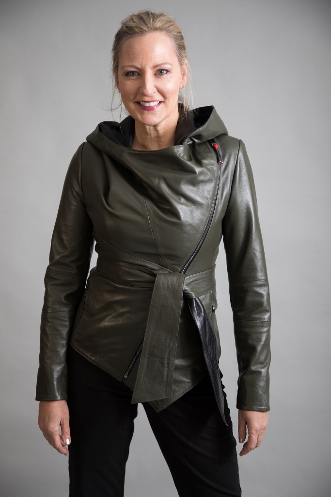 Hooded Leather Jacket Khaki - Image 3