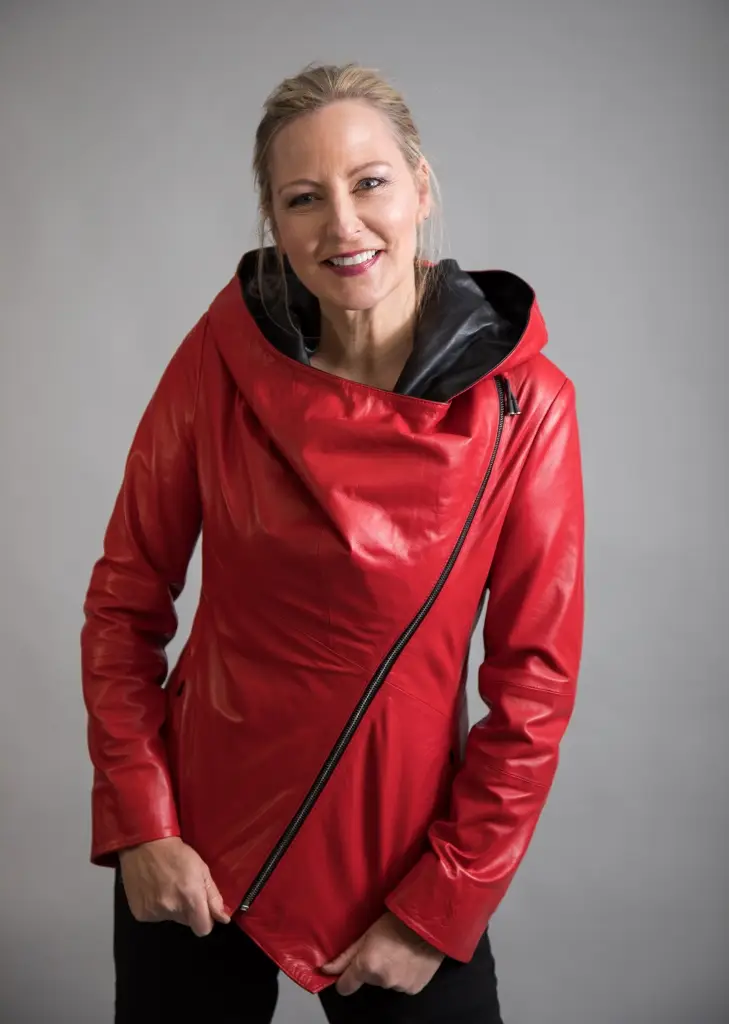 Hooded Leather Jacket Red - Image 4