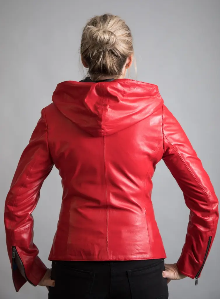 Hooded Leather Jacket Red - Image 6