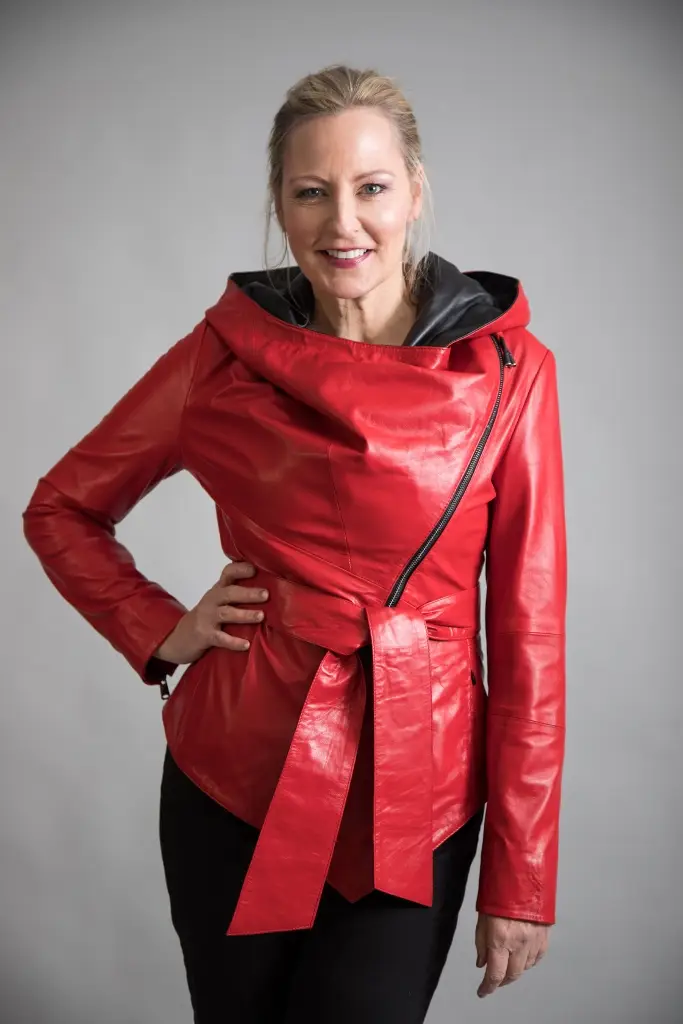 Hooded Leather Jacket Red - Image 5
