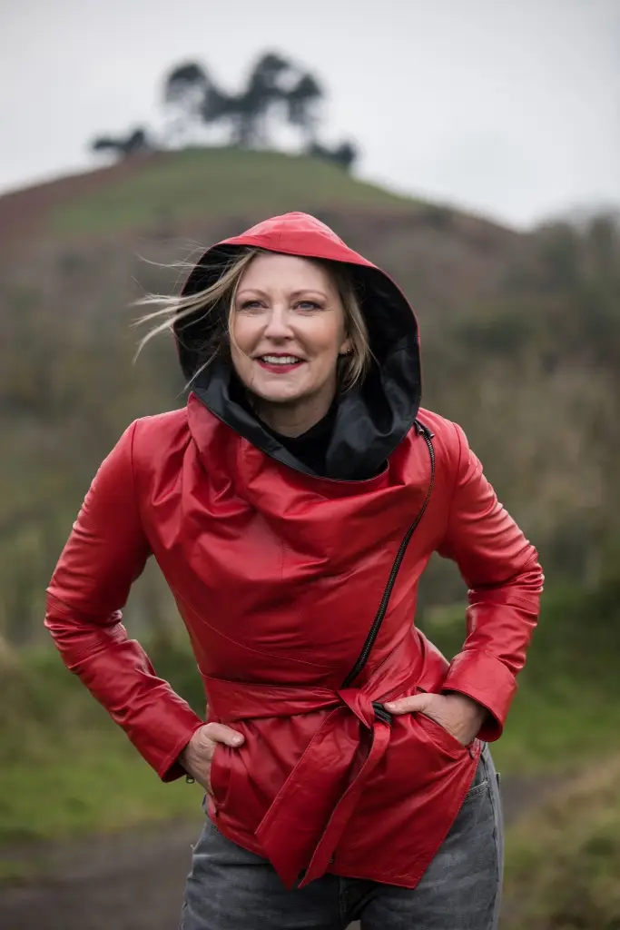 Hooded Leather Jacket Red - Image 2