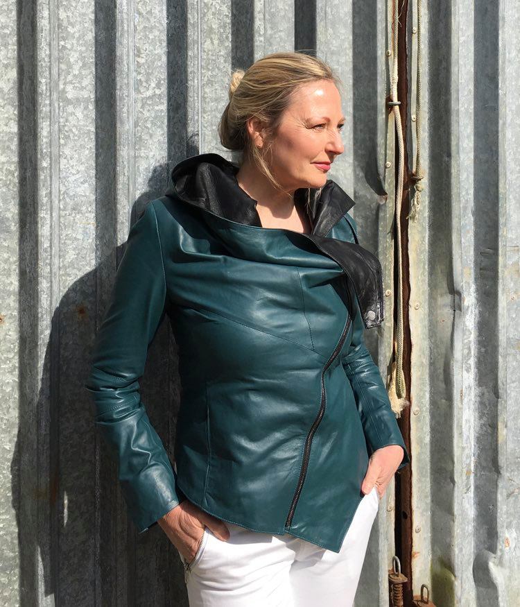 Hooded Leather Jacket Teal - Image 5