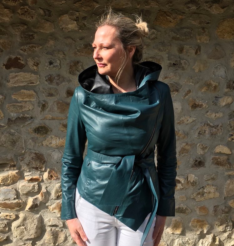 Hooded Leather Jacket Teal - Image 6