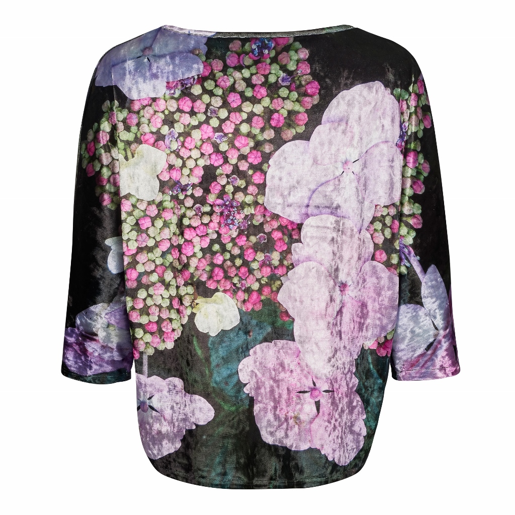 From My Mother's Garden Velvet Top in the exclusive Harmony print of Hydrangea flowers and buds