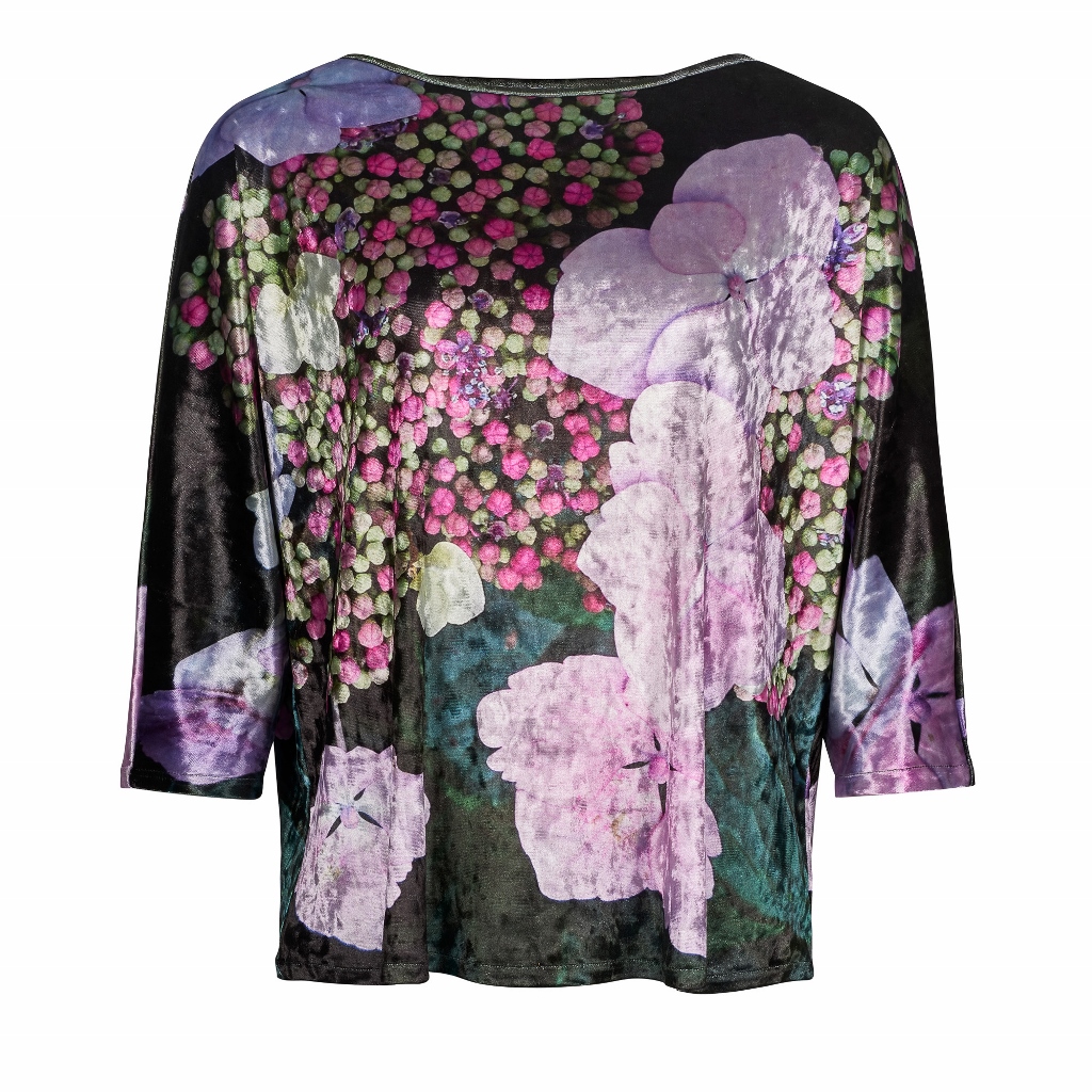 From My Mother's Garden Velvet Top in the exclusive Harmony print of Hydrangea flowers and buds