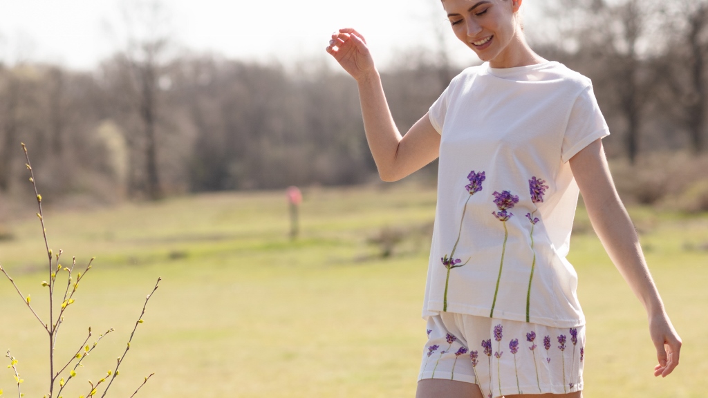 From My Mother's Garden Lavender Pyjama Set is Fairtrade and made of a beautiful cotton jersey with an exclusive lavender print. The set comprises a short sleeve t-shirt and shorts