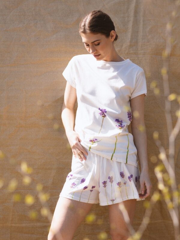 From My Mother's Garden Lavender Pyjama Set is Fairtrade and made of a beautiful cotton jersey with an exclusive lavender print. The set comprises a short sleeve t-shirt and shorts