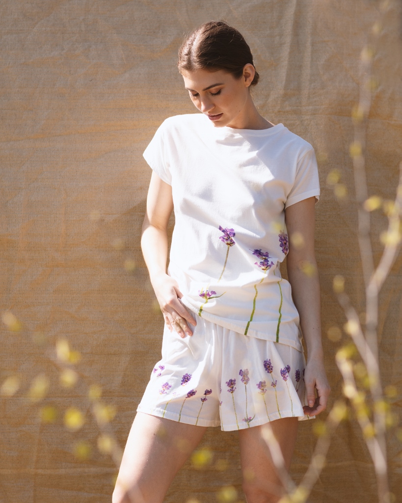 From My Mother's Garden Lavender Pyjama Set is Fairtrade and made of a beautiful cotton jersey with an exclusive lavender print. The set comprises a short sleeve t-shirt and shorts
