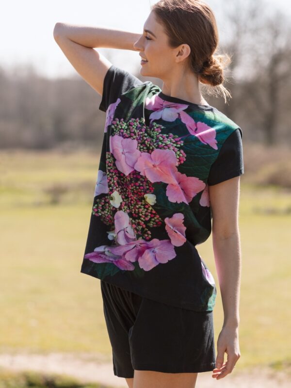 From My Mother's Garden Harmony Pyjama Set is a Fairtrade pair of PJs in black with an exclusive hydrangea print