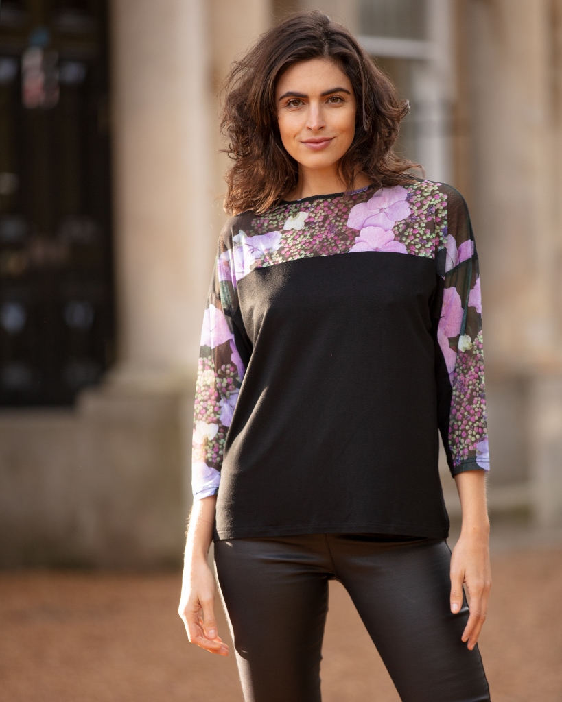 From My Mother's Garden Hydrangea Jersey and Mesh short top is a beautiful, casual piece in soft, comfortable fabrics