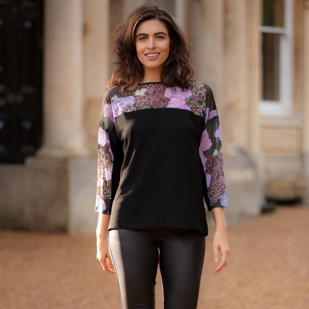 From My Mother's Garden Hydrangea Jersey and Mesh short top is a beautiful, casual piece in soft, comfortable fabrics