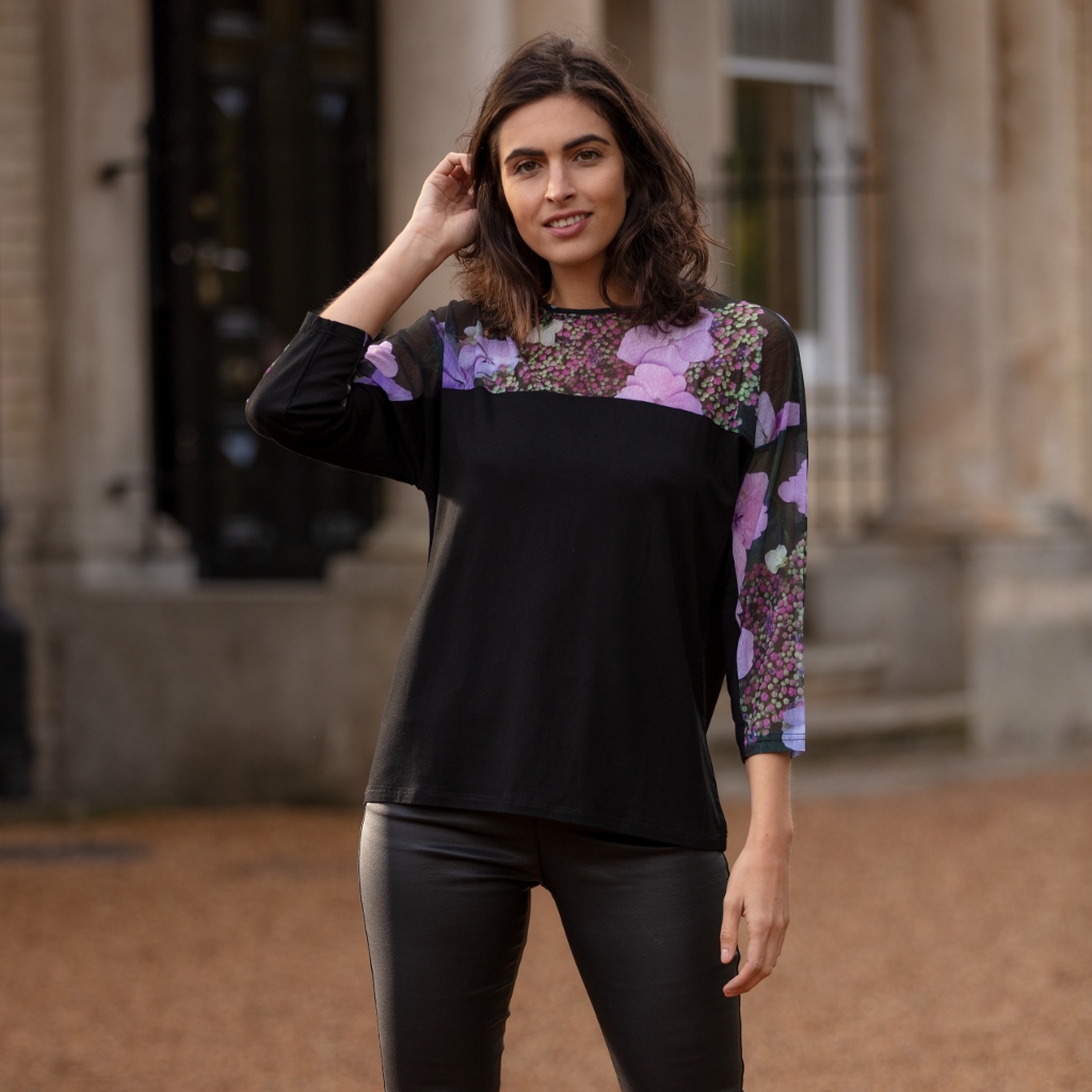 From My Mother's Garden Hydrangea Jersey and Mesh short top is a beautiful, casual piece in soft, comfortable fabrics