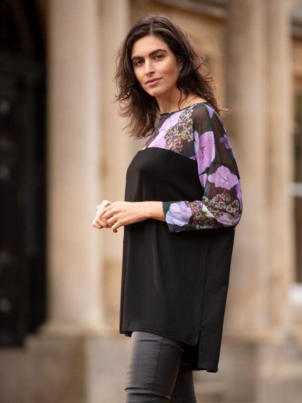 From My Mother's Garden Hydrangea Jersey and Mesh Top with an exclusive print across the shoulders and down the sleeves. The long top is wide fitting