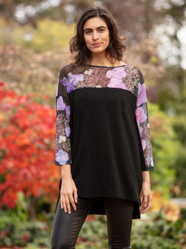 From My Mother's Garden Hydrangea Jersey and Mesh Top with an exclusive print across the shoulders and down the sleeves. The long top is wide fitting