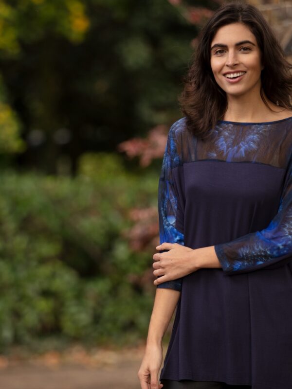From My Mother's Garden Long & Wide top in Jersey and Mesh in the exclusive Wishes print with dandelion clocks