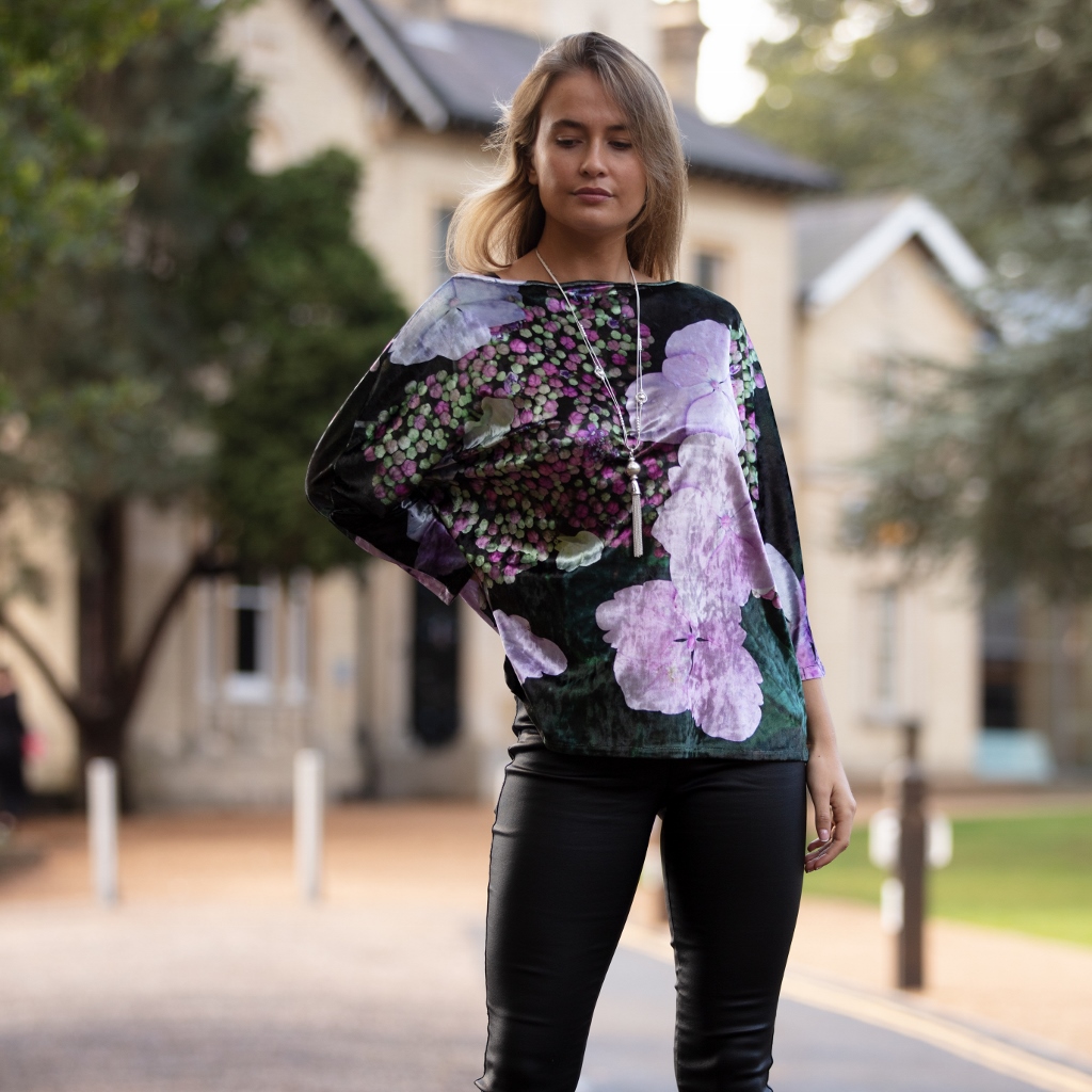 From My Mother's Garden Velvet Top in the exclusive Harmony print of Hydrangea flowers and buds