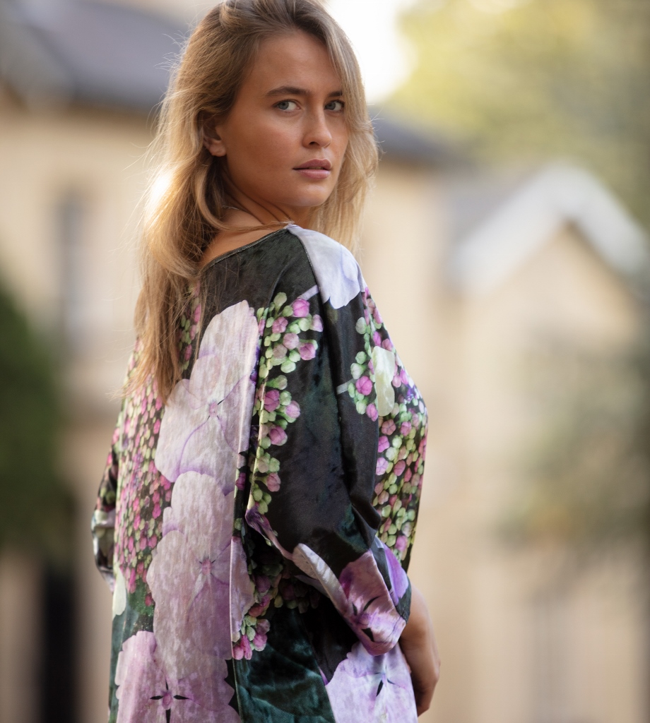 From My Mother's Garden Velvet Top in the exclusive Harmony print of Hydrangea flowers and buds
