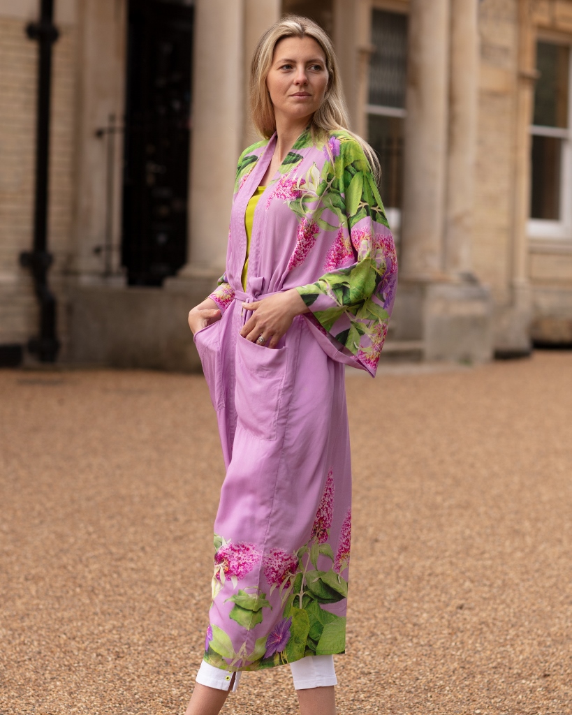 From My Mother's Garden Butterfly Catcher Long Robe with an exclusive Buddleia and Cranesbill floral print on a dusky pink background