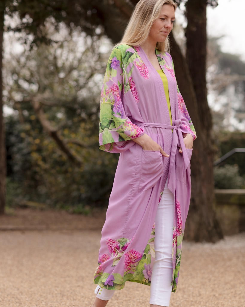 From My Mother's Garden Butterfly Catcher Long Robe with an exclusive Buddleia and Cranesbill floral print on a dusky pink background