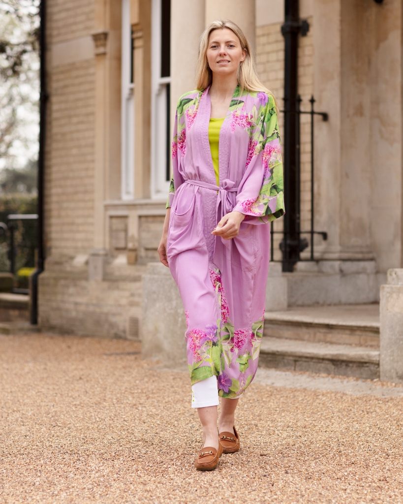 From My Mother's Garden Butterfly Catcher Long Robe with an exclusive Buddleia and Cranesbill floral print on a dusky pink background