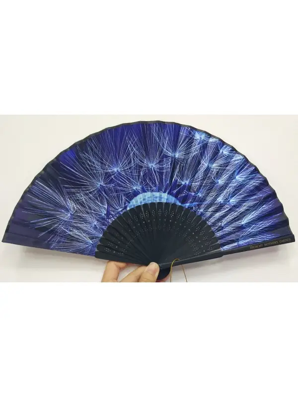 From My Mother's Garden hand opening hand fans are handmade in the traditional Oriental and Japanese style using the exclusive nature-inspired prints from the range. The Wishes fan has black spines and and handle with a blue Dandelion Clock print. They come with a matching pouch