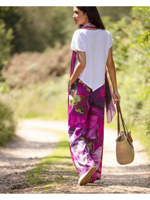 From My Mother's Garden Sweet Pea Palazzo Trousers in a linen mix fabric with the exclusive print of pink, cerise, mauve and violet