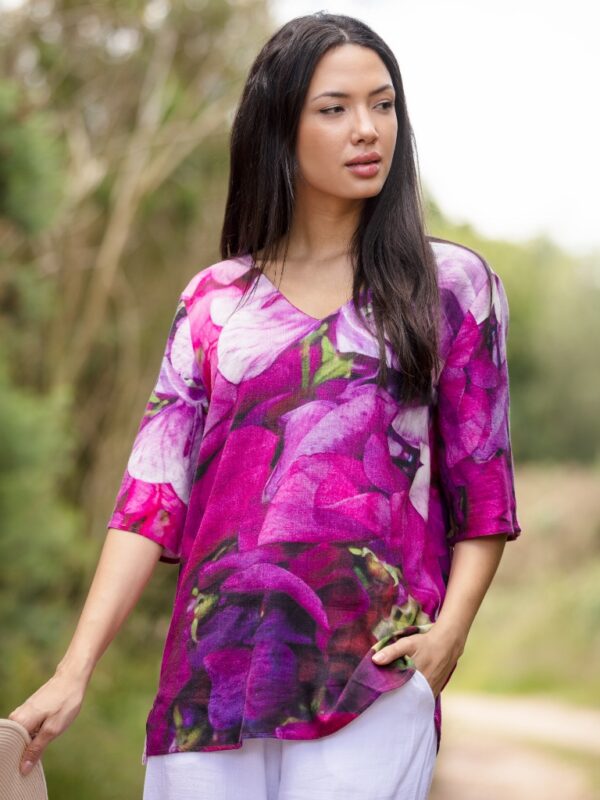 From My Mother's Garden Linen Tunic in the Sweet Pea print comes in a beautiful mix of pinks, mauves, violets and purples