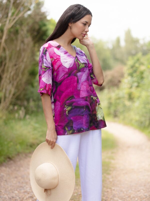 From My Mother's Garden Linen Tunic in the Sweet Pea print comes in a beautiful mix of pinks, mauves, violets and purples
