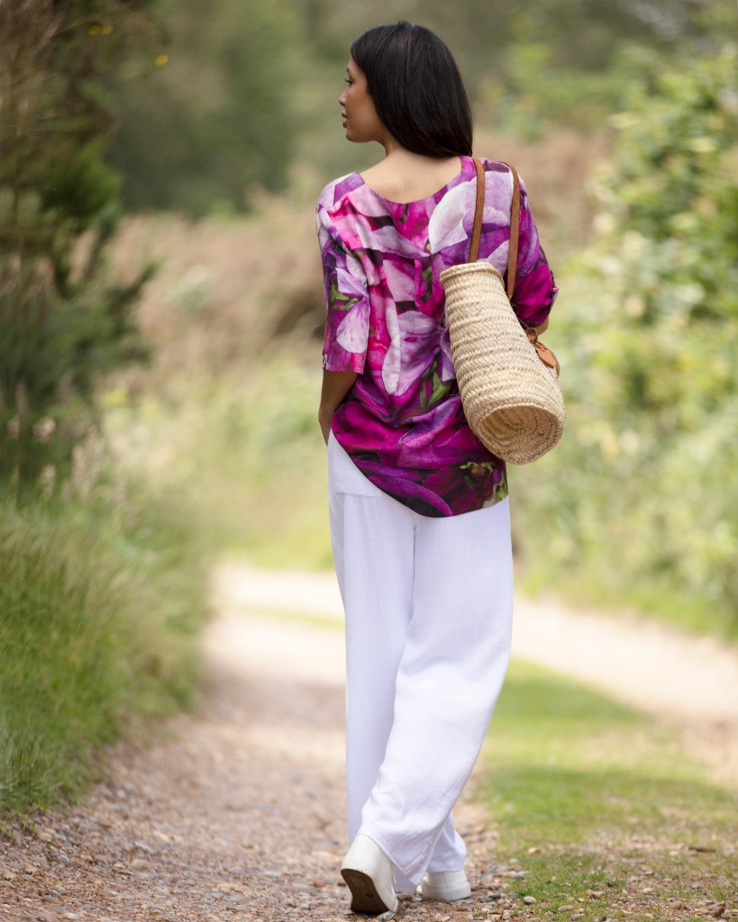 From My Mother's Garden Linen Tunic in the Sweet Pea print comes in a beautiful mix of pinks, mauves, violets and purples