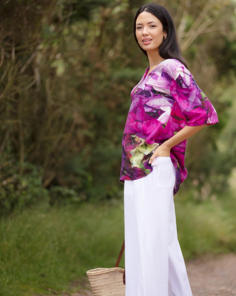 From My Mother's Garden Linen Tunic in the Sweet Pea print comes in a beautiful mix of pinks, mauves, violets and purples