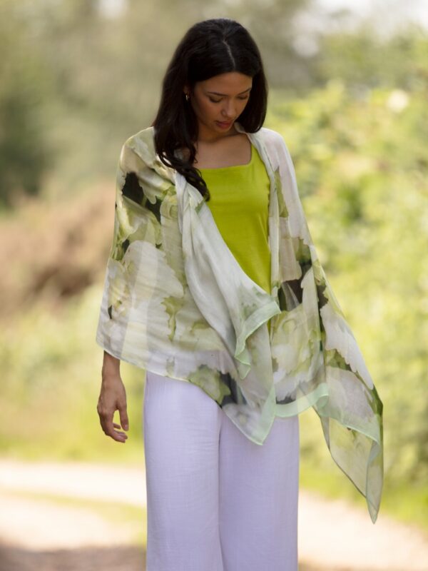 From My Mother's Garden Peace Scarf is made of bamboo and an exclusive print of a white hydrangea
