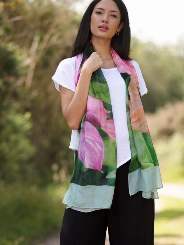 From My Mother's Garden Summer Dreams Bamboo Scarf has a beautiful range of colours including pink, green, orange and mint