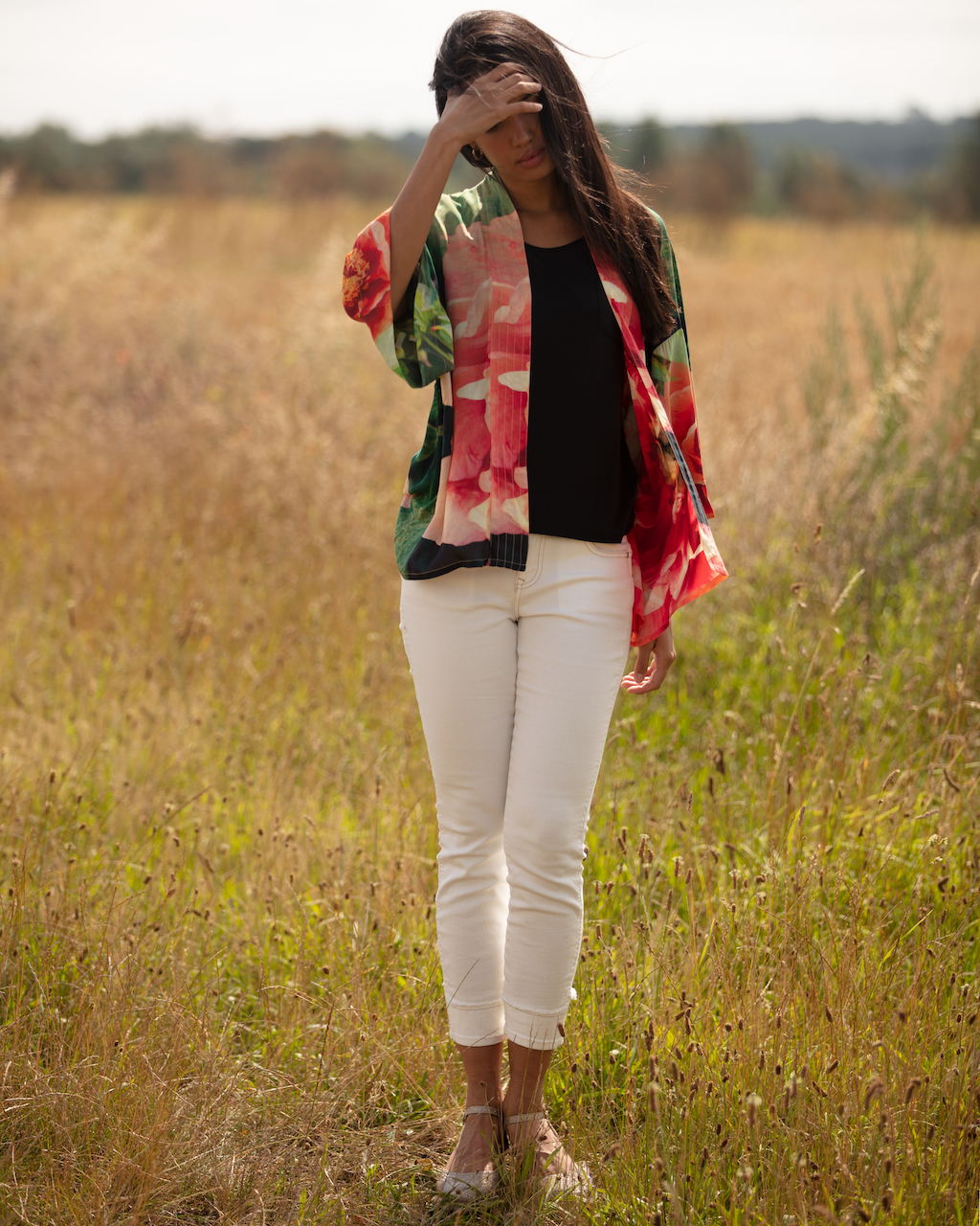 From My Mother's Garden Peony kimono in a gorgeous coral pink and olive green