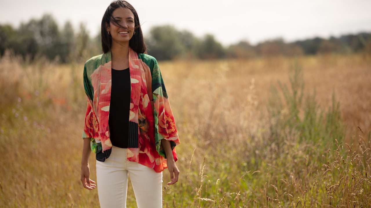 From My Mother's Garden Peony kimono in a gorgeous coral pink and olive green