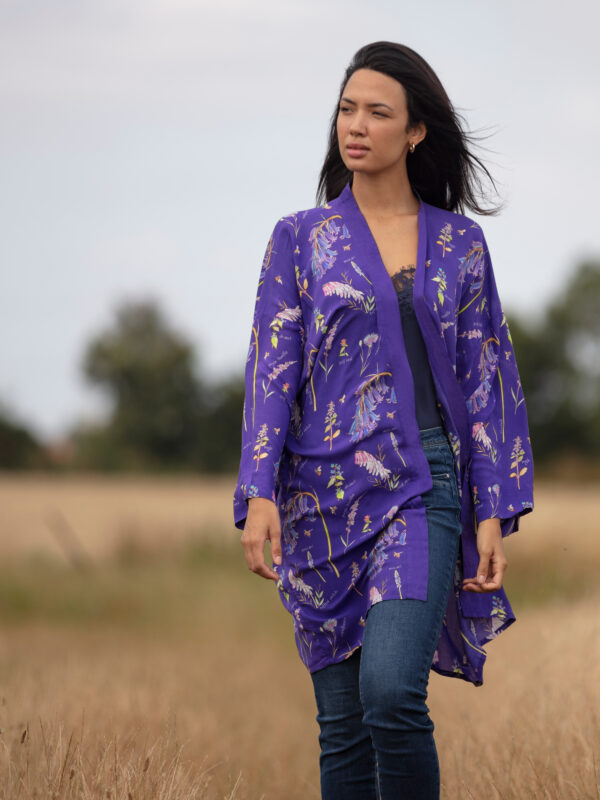 From My Mother's Garden Sew for Bees Mid-Length kimono in a beautiful midnight blue. The print is based on illustrations by nature artist, Alex Boon