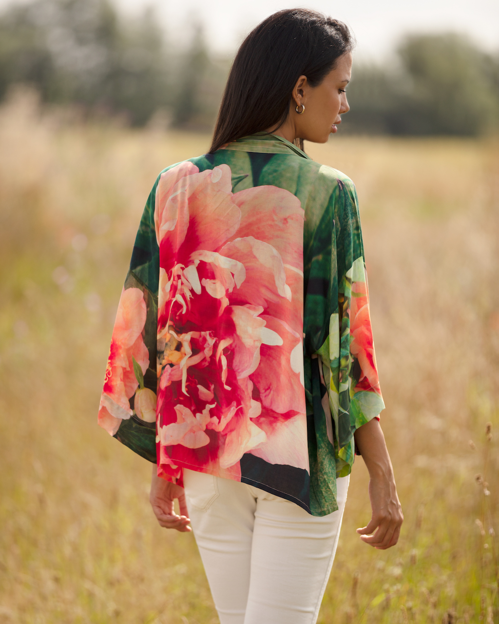 From My Mother's Garden Peony kimono in a gorgeous coral pink and olive green