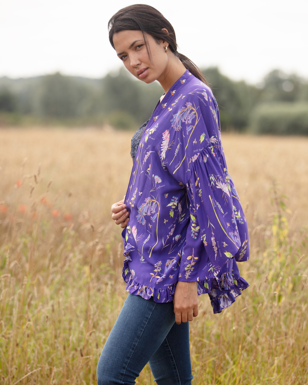 From My Mother's Garden Frill Kimono in the Sew for Bees print by Devon nature artist, Alex Boon