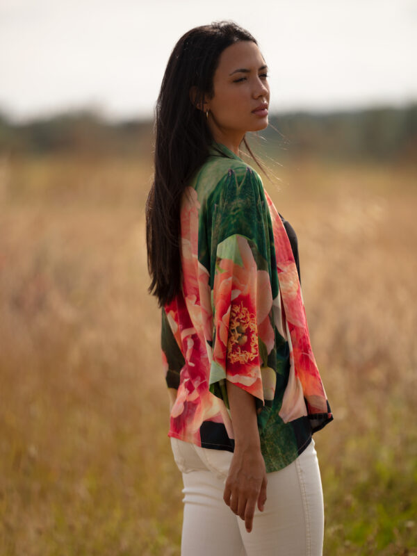 From My Mother's Garden Peony kimono in a gorgeous coral pink and olive green