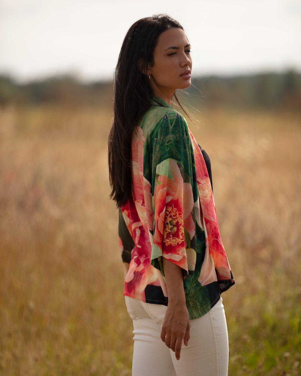 From My Mother's Garden Peony kimono in a gorgeous coral pink and olive green