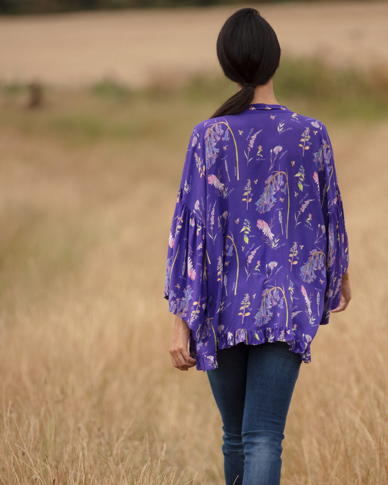 From My Mother's Garden Frill Kimono in the Sew for Bees print by Devon nature artist, Alex Boon