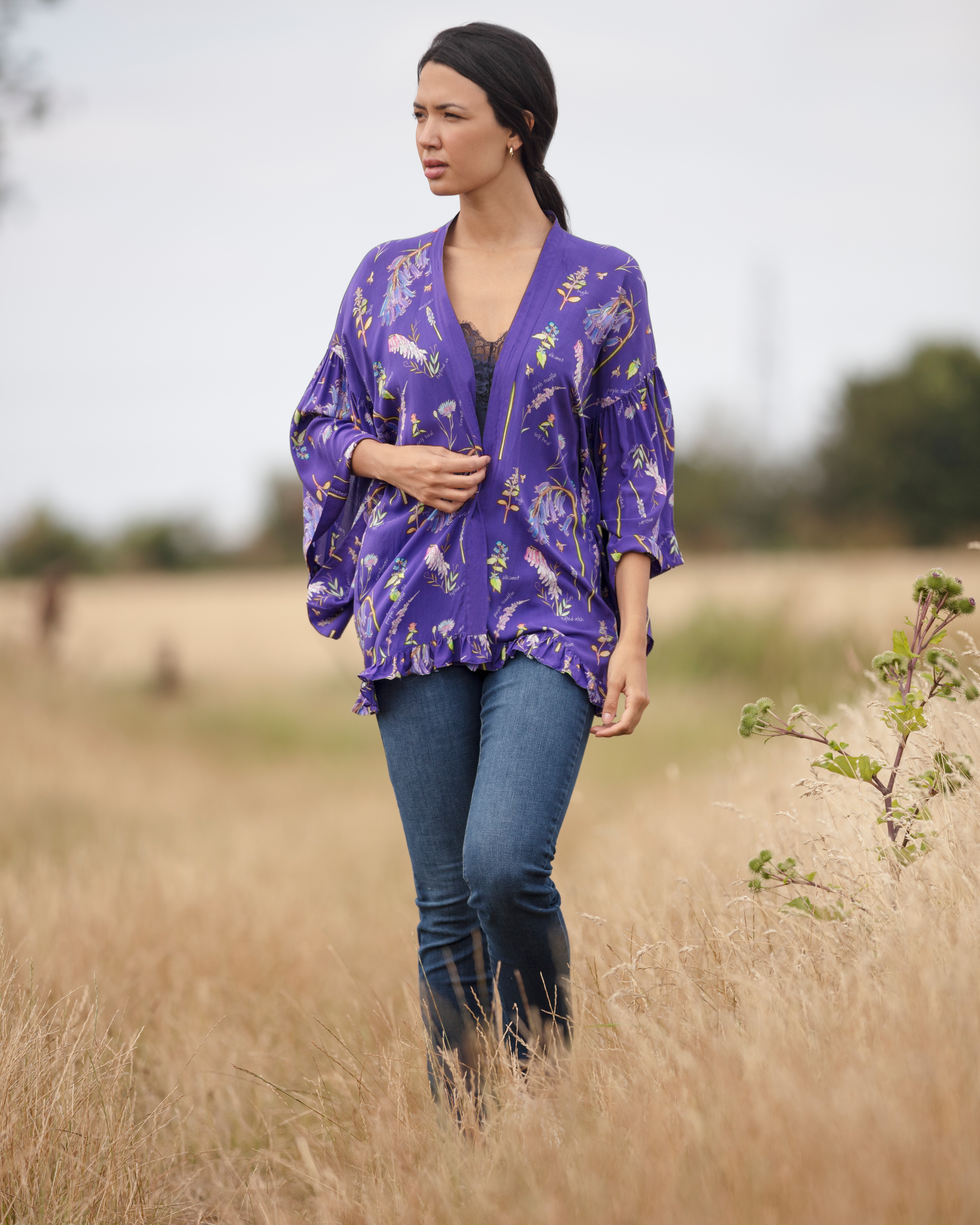 From My Mother's Garden Frill Kimono in the Sew for Bees print by Devon nature artist, Alex Boon