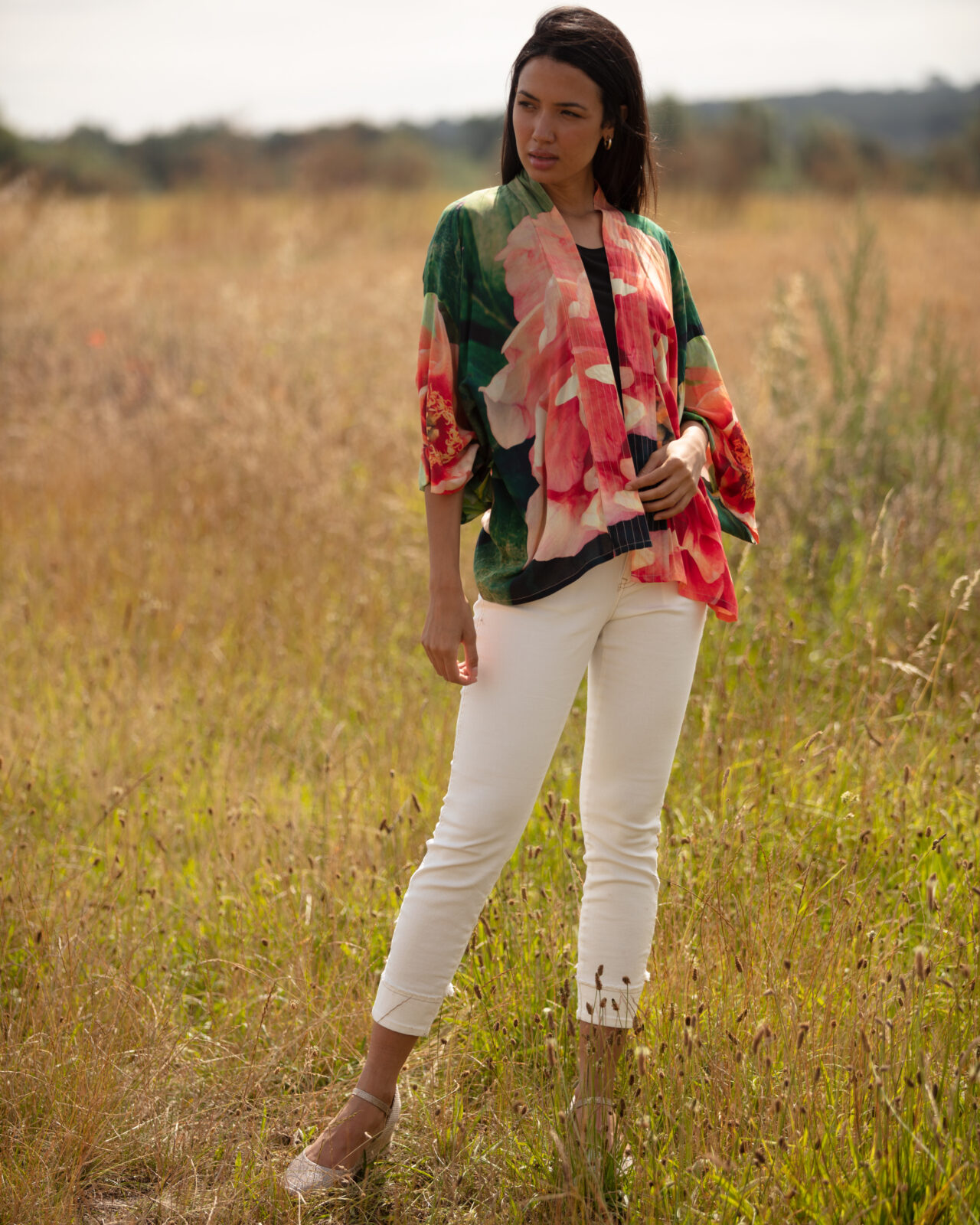 From My Mother's Garden Peony kimono in a gorgeous coral pink and olive green