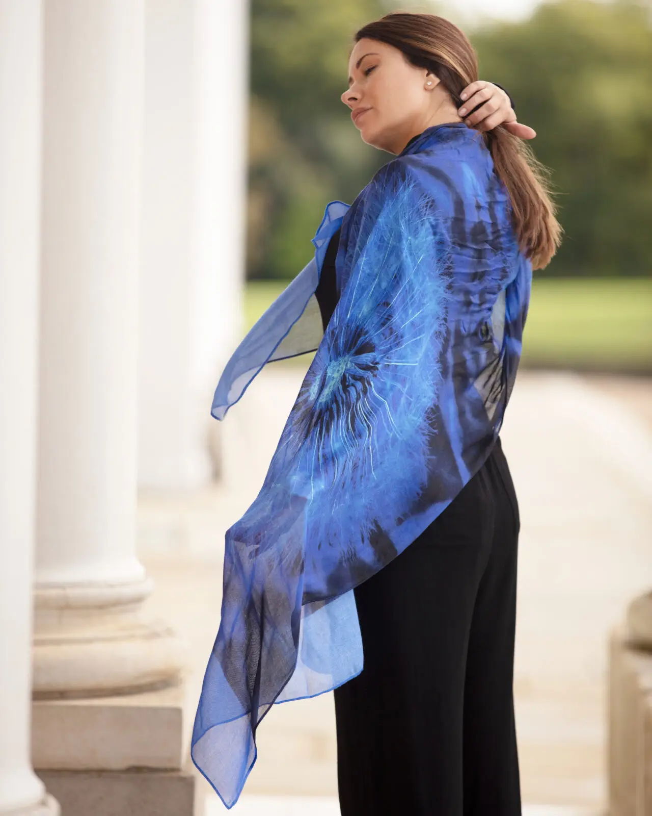 From My Mother's Garden Wishes Bamboo Scarf in a cobalt blue has a dandelion clock print
