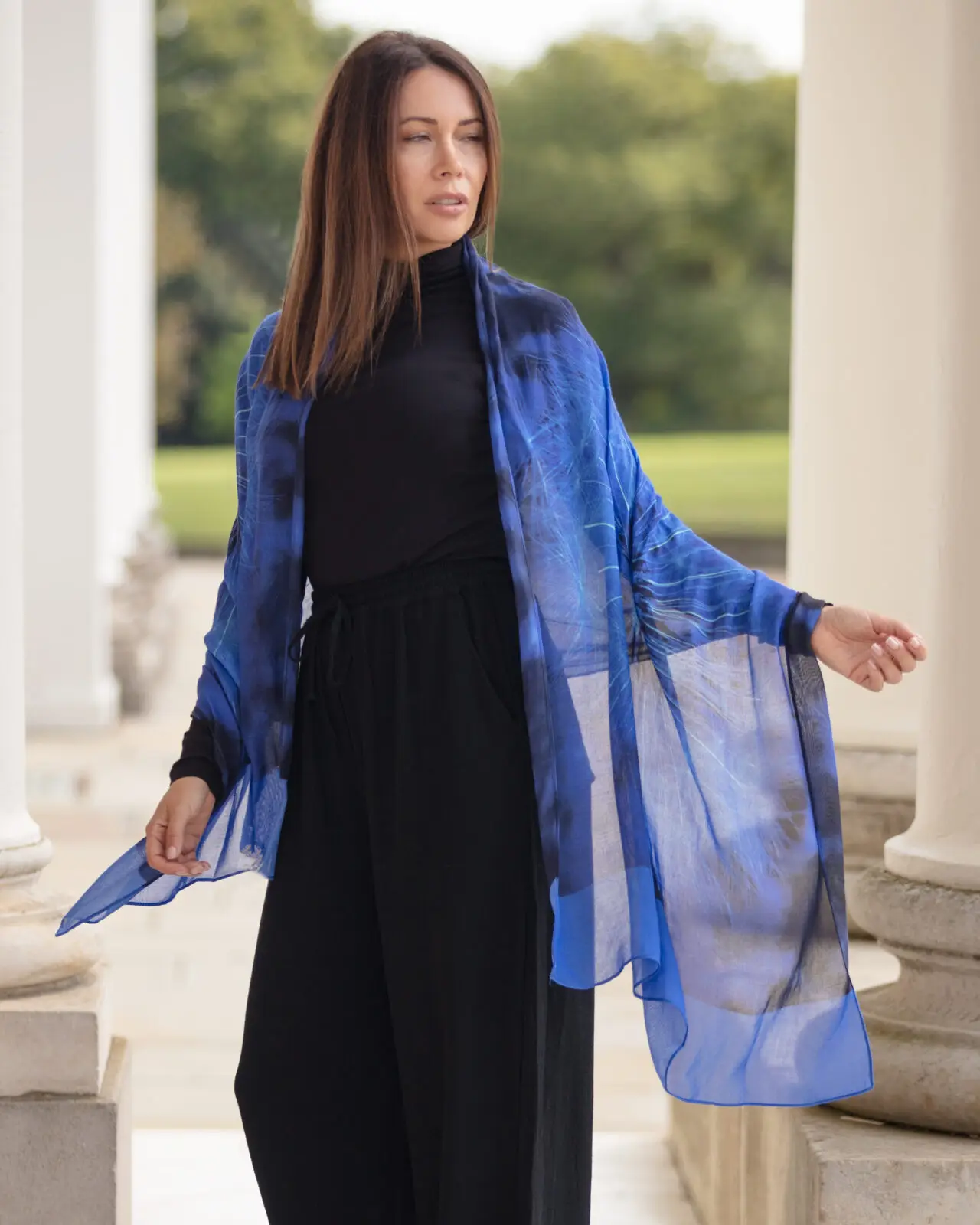 From My Mother's Garden Wishes Bamboo Scarf in a cobalt blue has a dandelion clock print