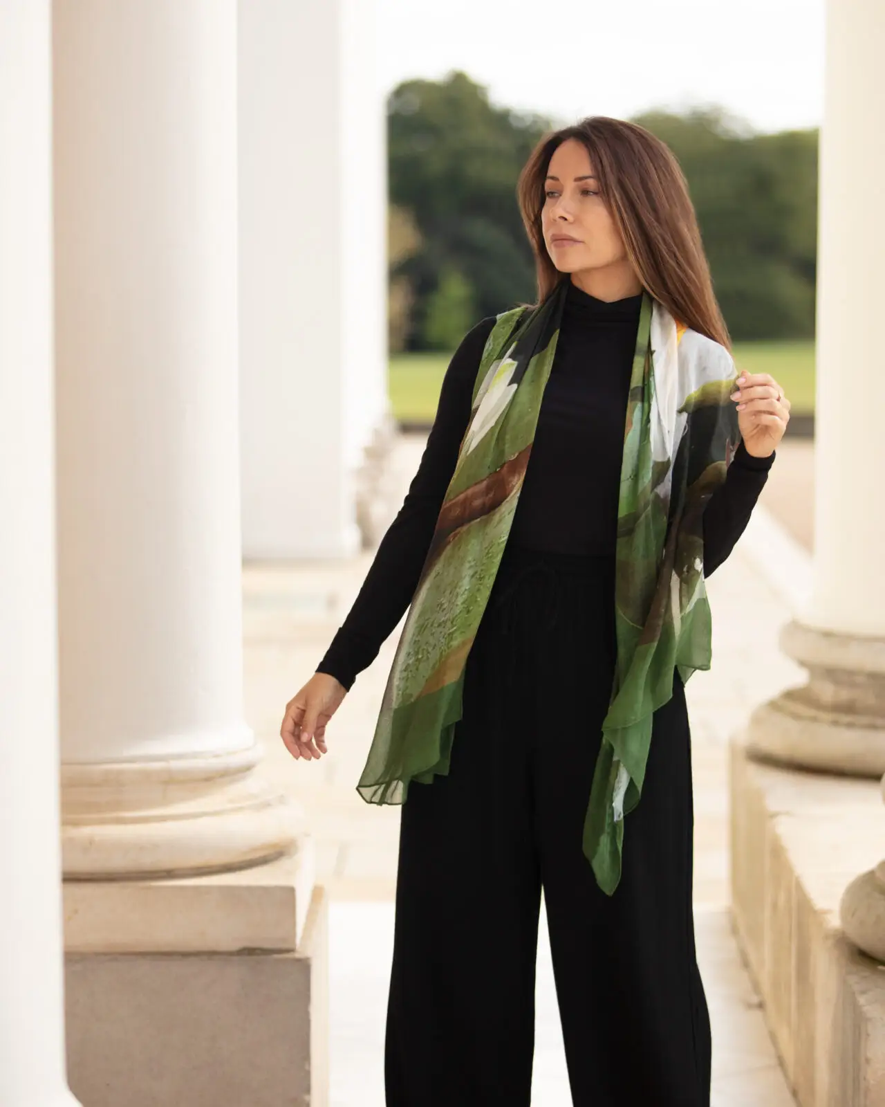 From My Mother's Garden Bamboo Scarf with a Waterlily print