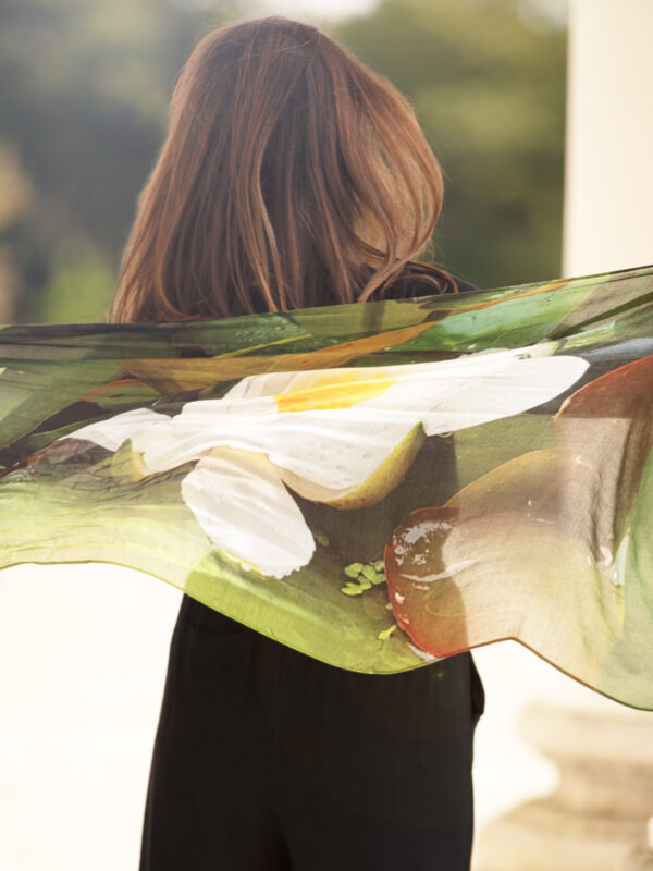 From My Mother's Garden Bamboo Scarf with a Waterlily print