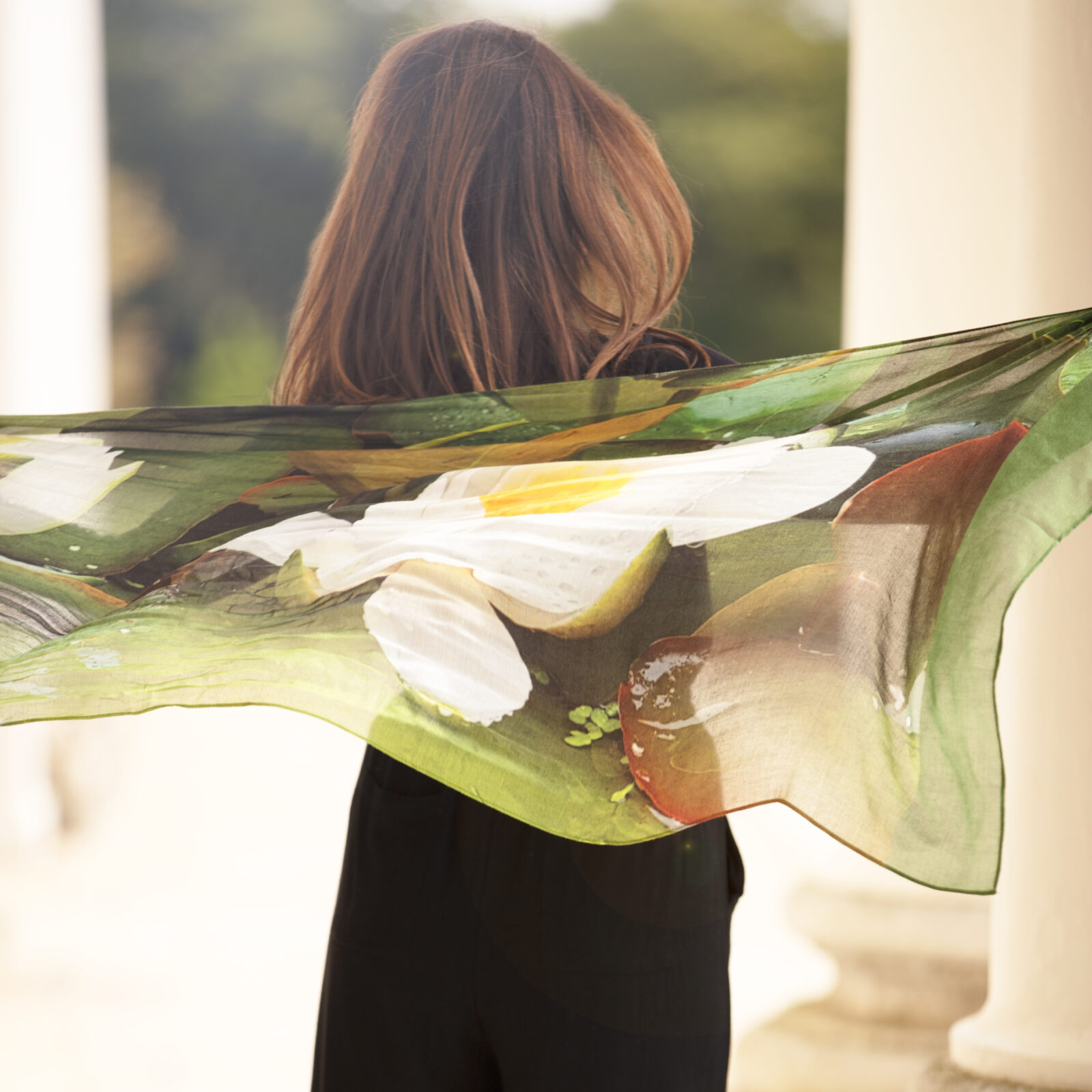 From My Mother's Garden Bamboo Scarf with a Waterlily print
