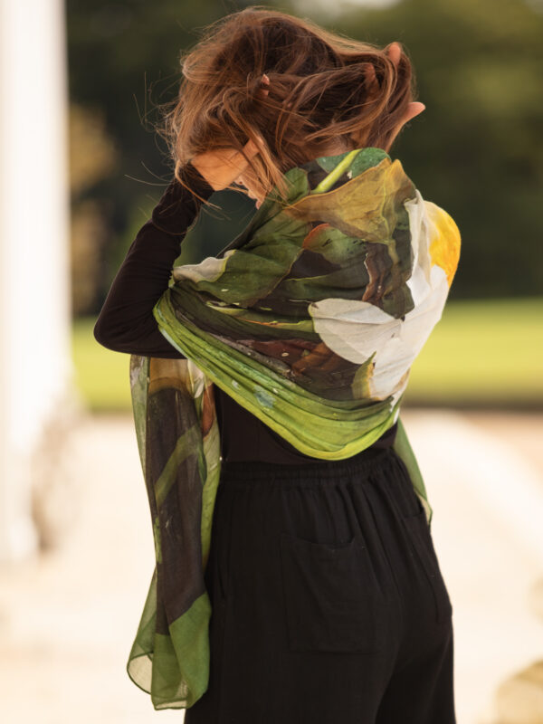 From My Mother's Garden Bamboo Scarf with a Waterlily print
